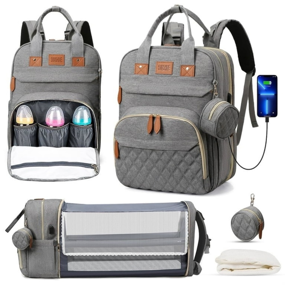 Gray Multi-Functional Diaper Bag Backpack w/foldable crib